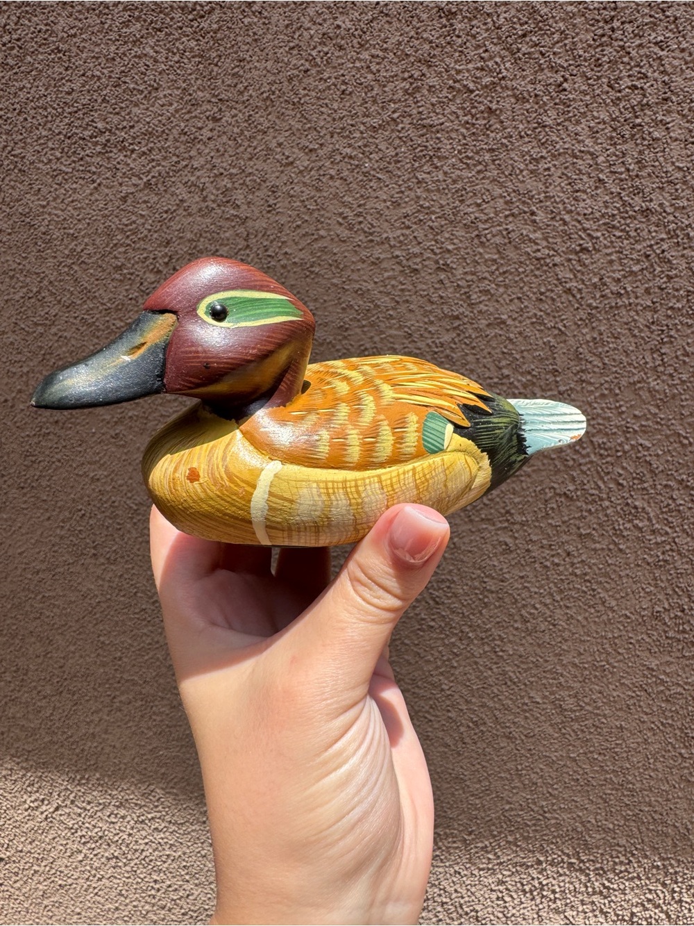 Hand-Painted Wooden Duck Figurine - Brown & Green